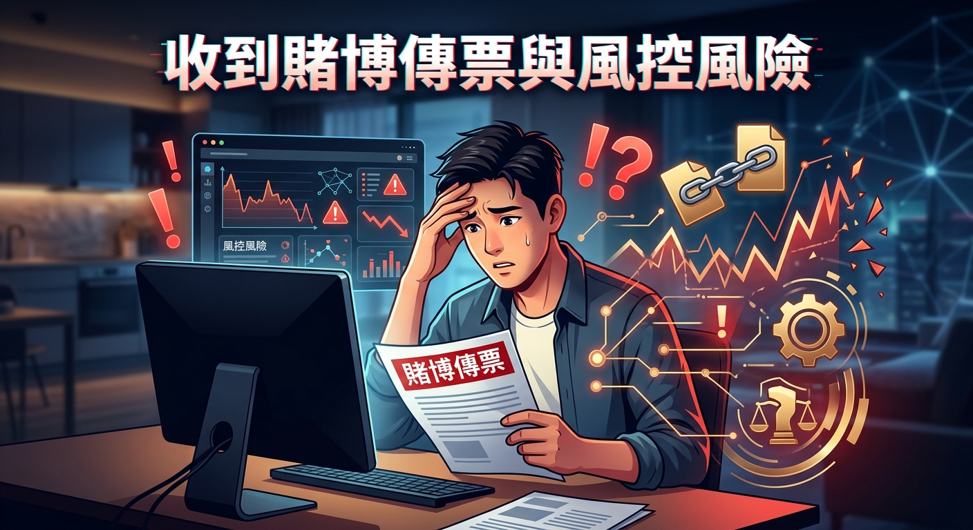 這張圖片展示了一名焦慮的男子坐在電腦前,手裡拿著法律文件,呈現出面對法律問題與網路金融風險時的緊張氛圍。 背景融合了數據監控圖表、警告標誌與法律元素,頂部則醒目地標示著主題標題「收到賭博傳票與風控風險」。